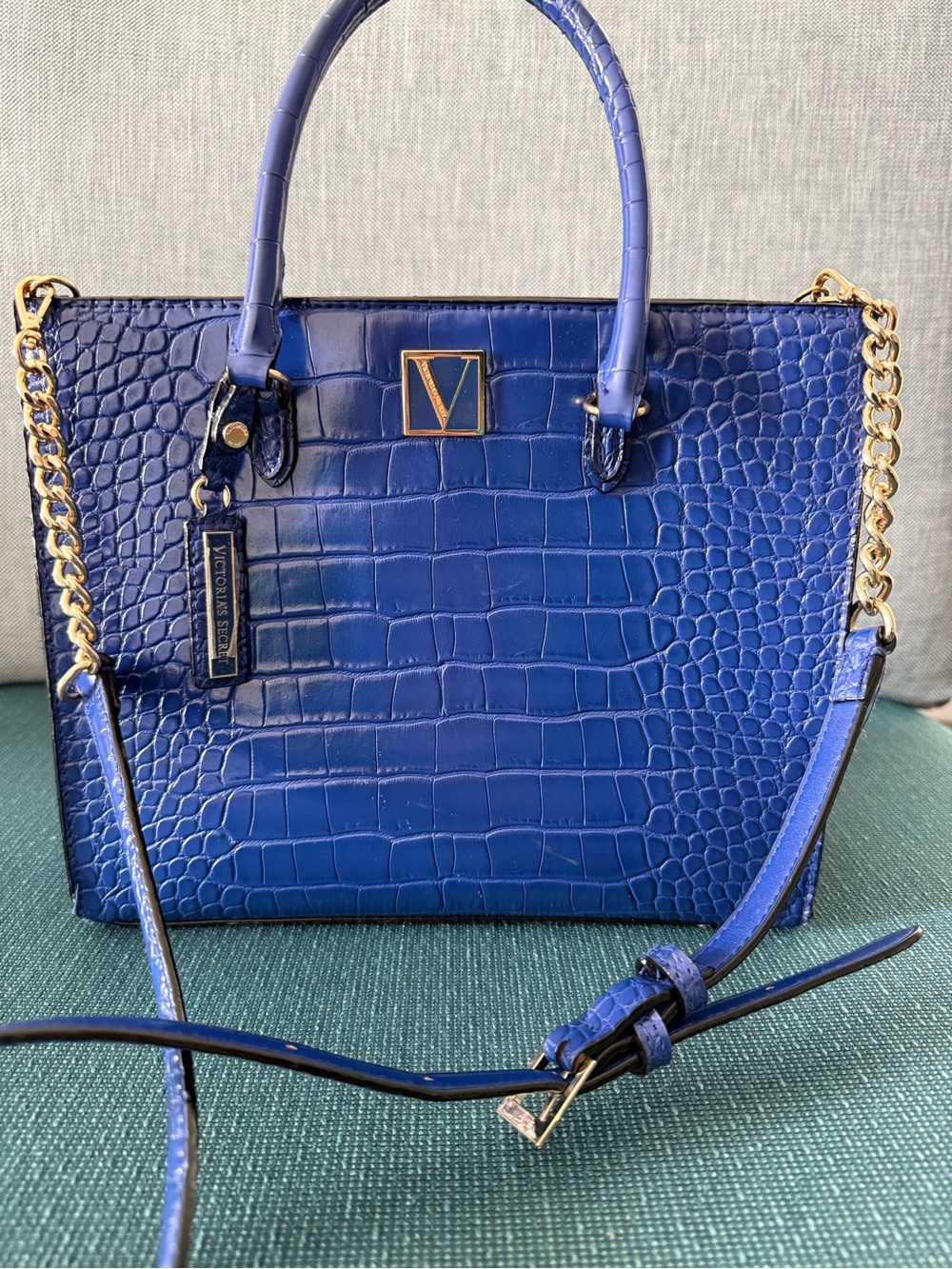 Victoria's Secret Royal Blue Croc-Embossed Satchel with Gold Chain Detail